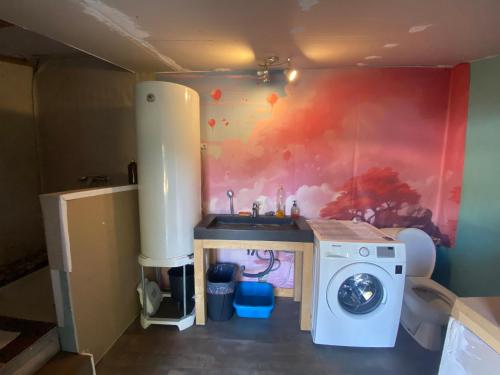 - un lave-linge dans une pièce ornée d'une peinture murale dans l'établissement Chalet chez habitant, à Barbentane