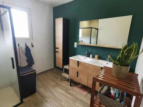 a bathroom with a sink and a mirror at Agréable Villa proche Pont du Gard in Bezouce