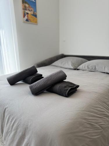 deux oreillers gris sur un lit dans l'établissement Cosy studio au centre du vieux Nice, à Nice