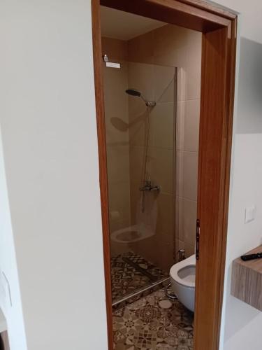 a bathroom with a shower and a toilet at AZOGIRE Resort in Azoyirés