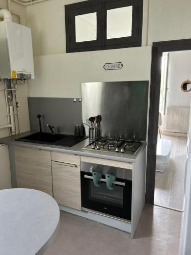 une cuisine avec une cuisinière et un évier dans l'établissement Appartement T3 Centre-Ville, à Bourges