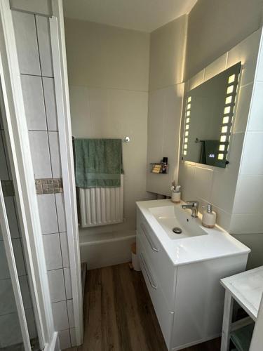 une salle de bain blanche avec un lavabo et un miroir dans l'établissement Appartement T3 Centre-Ville, à Bourges
