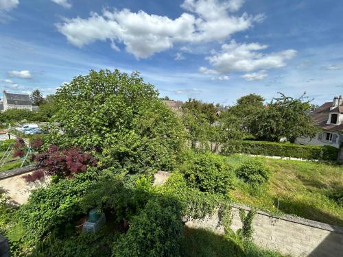 Elle offre une vue sur un jardin avec un arbre et des buissons. dans l'établissement Appartement T3 Centre-Ville, à Bourges