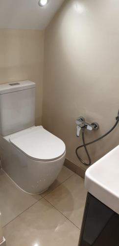 a bathroom with a white toilet and a sink at London Luxury 3 bedroom flat, 2 bathrooms, Living Room, free parking, 4 mins to station, garden in Ilford