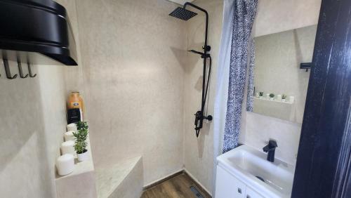 a small bathroom with a sink and a shower at Magnifique penthouse 160m2 terrasse 90m2 vue mer in Tangier