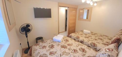 a small room with a bed and a television at London Luxury 3 bedroom flat, 2 bathrooms, Living Room, free parking, 4 mins to station, garden in Ilford
