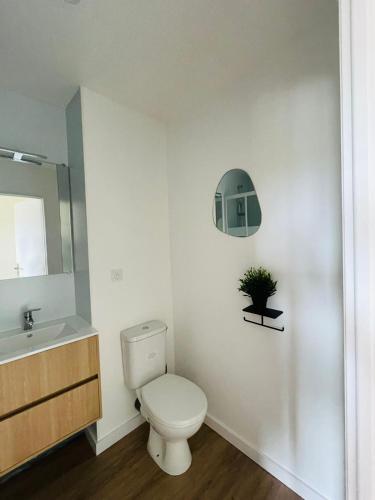 a bathroom with a toilet and a sink and a mirror at Verrières 1 in Issoire
