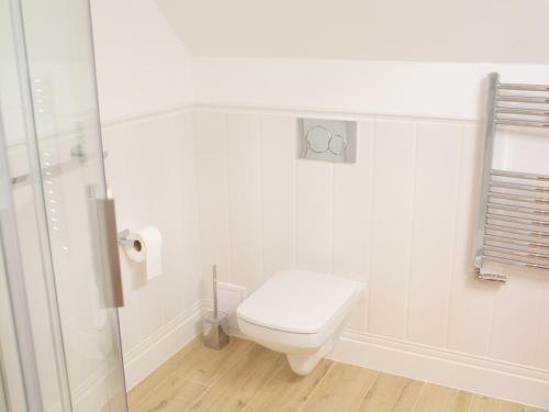 a white bathroom with a toilet and a shower at MERSEA in Ustka