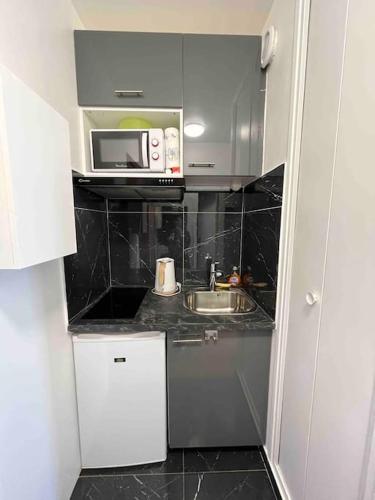 une petite cuisine avec un évier et un micro-ondes dans l'établissement Cosy studio Balcon Paris Montparnasse, à Paris