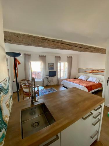 - une cuisine avec évier et un lit dans une chambre dans l'établissement Appartamento coeur du Suquet, à Cannes