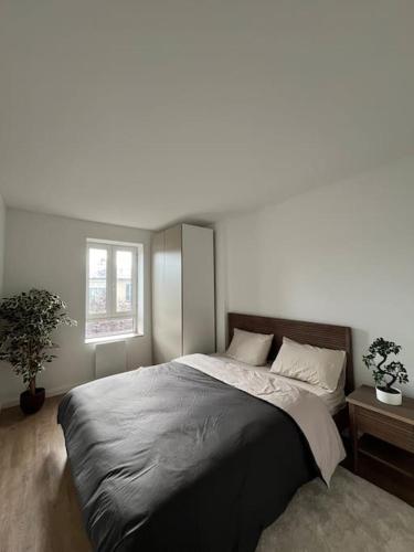 une chambre avec un grand lit et une fenêtre dans l'établissement Appartement 52m2, neuf, à deux pas de la Gare, à Poissy