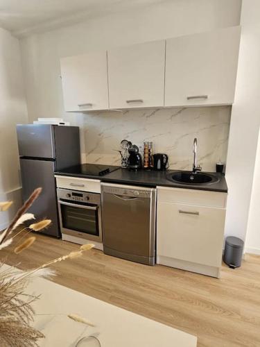 une cuisine avec un évier et un réfrigérateur dans l'établissement Séjour cosy avec parking privé dans la cour de la maison, à Aulnay-sous-Bois