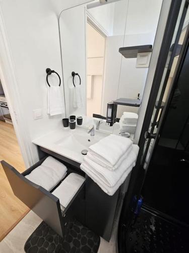 une salle de bain avec un lavabo blanc et un miroir dans l'établissement Séjour cosy avec parking privé dans la cour de la maison, à Aulnay-sous-Bois