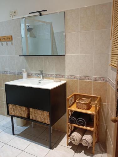 une salle de bain avec un lavabo et un miroir dans l'établissement La Maison des Vendangeurs à Puisserguier, à Puisserguier