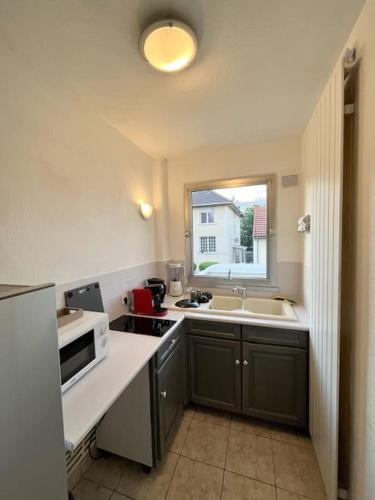 une cuisine avec un évier et un micro-ondes dans l'établissement Apartment 15 min to Paris 1 min from subway, à Villejuif