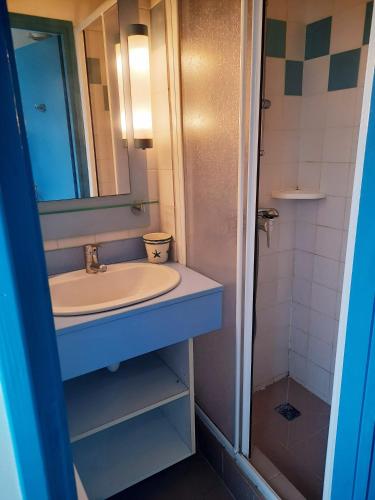 une salle de bain avec un lavabo et une douche dans l'établissement Gîte de l'océan, vue mer avec piscine, à Guidel-Plage