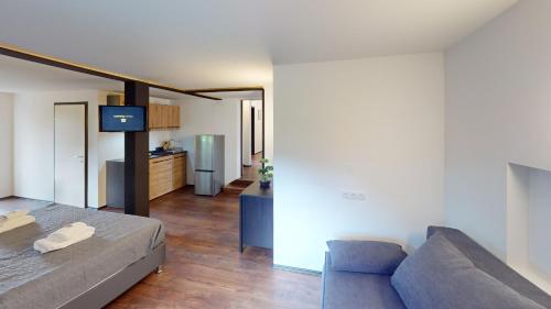 a living room with a couch and a kitchen at CROWN LIVING Design Loft, Küche, Bibliothek, Gartensitzplatz in Lustenau