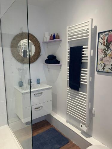 une salle de bain avec une douche, un lavabo et un miroir dans l'établissement Appartements - Riva Bella, à Ouistreham