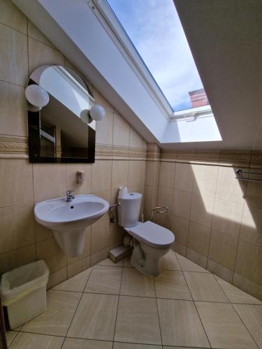 a bathroom with a sink and a toilet and a skylight at Siedlisko Żurawie in Zamarte