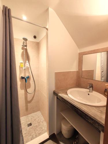 une salle de bain avec un lavabo et une douche dans l'établissement Aix en Provence charmante villa piscine cadre verdoyant 6 personnes, à Aix-en-Provence