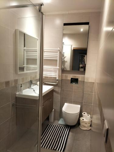 une salle de bain avec toilettes, lavabo et miroir dans l'établissement Movida, à Nice