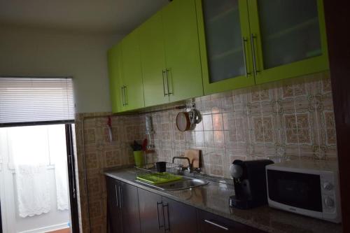 a kitchen with green cabinets and a sink and a microwave at Casa na Aldeia in Alburitel
