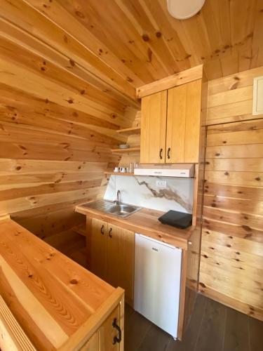 a kitchen with wooden walls and a sink in a cabin at Peaks of Prokletije - Outdoor pool in Gusinje