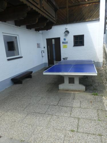 a blue ping pong table in a building at Dreiländereck mit Sauna und Pool, Wohnung 403 in Hauzenberg