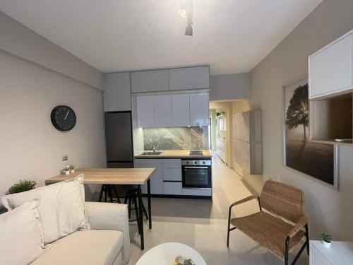 a living room and kitchen with a couch and a table at Eleni Siviri in Siviri