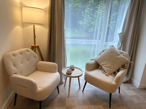 a living room with two chairs and a table and a window at Entire studio flat in Manchester
