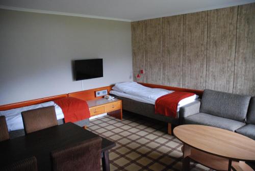 ヴォスヴァンゲンにあるFleischer's Motelのベッド、ソファ、テレビが備わるホテルルームです。