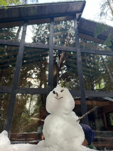 a snow man sitting in front of a building at El Refugio de Hadas y Elfos in Puerto Fuy