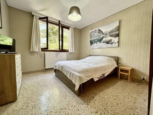 une chambre avec un lit et une télévision dans l'établissement Charmant T2 rénové, balcon sud, proche commerces - FR-1-330F-238, au Monêtier-les-Bains