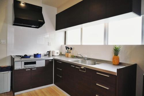 a kitchen with dark brown cabinets and a sink at Japanese House Osaka Sennan Hotel 大阪泉南酒店和築 in Tannowa