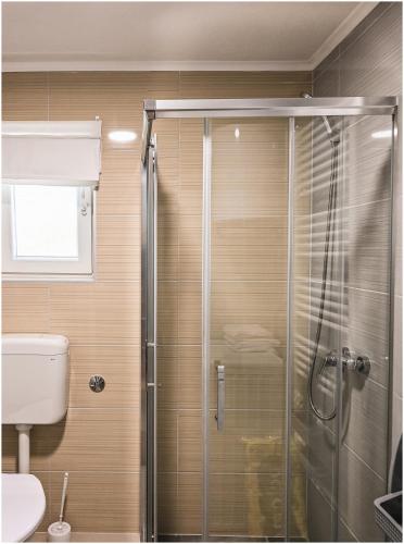 a bathroom with a shower and a toilet at Family studio apartman in Karlovac
