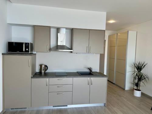 a kitchen with white cabinets and a microwave at ADRIA MIRIS apartments in Drasnice