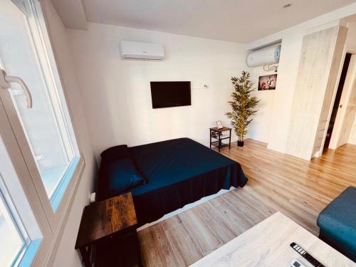 a bedroom with a blue bed in a room at Apto 2 Mario Bros wifi y Netflix in Alcobendas