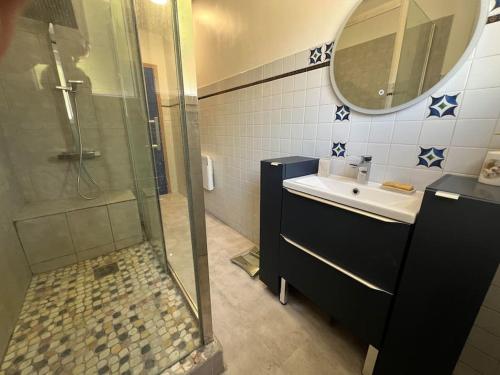 une salle de bain avec une douche, un lavabo et un miroir dans l'établissement Appartement dans maison au 1er étage avec terrasse jardin ombrage et parking securise, à Béziers