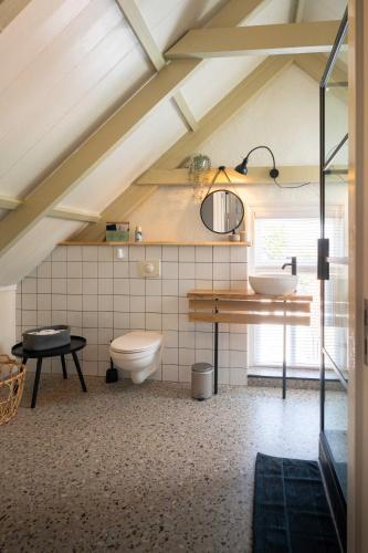 a bathroom with a sink and a toilet at Sfeervol verblijf in oude gemeentehuis Eenrum. in Eenrum
