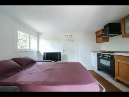 - une cuisine avec un grand lit rose dans une chambre dans l'établissement Nice cosy studio, à Nice