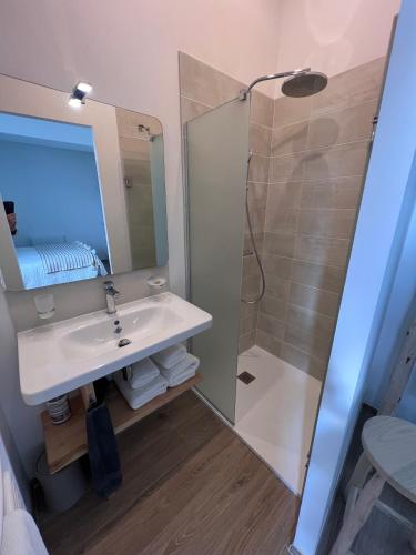 une salle de bain avec un lavabo et une douche avec un miroir dans l'établissement Escale Aixoise chambre privé, centre bourg, 50m de la mer, à Île-d'Aix
