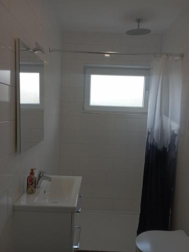 ein weißes Badezimmer mit Waschbecken und Fenster in der Unterkunft Monteurwohnungen Distelfeld in Saarbrücken