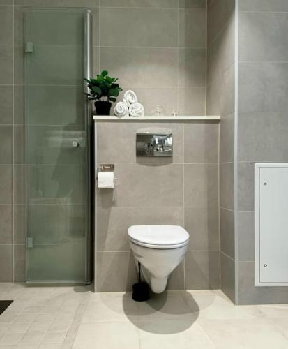 a bathroom with a toilet and a glass shower at Central Apartment in Bodø with ocean view in Bodø