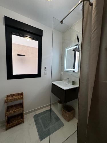 une salle de bain avec un lavabo et une douche en verre dans l'établissement Appartement paisible au cœur des oliviers, à deux pas de Bonifacio, à Bonifacio
