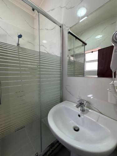 a bathroom with a sink and a glass shower at Rumman Hotel in Madaba