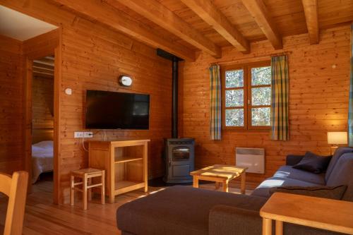 a living room with a couch and a flat screen tv at Les Bouviers in Saint-Denis-en-Margeride