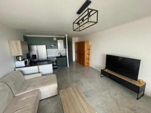 un salon avec un canapé et une télévision à écran plat dans l'établissement Appartement Saint Aygulf a 300m de la mer, à Fréjus