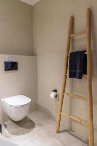 a bathroom with a toilet and a wooden ladder at Arco Solium Suites in Adamas