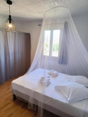 - une chambre avec un lit blanc et une moustiquaire dans l'établissement Maison chaleureuse à Ajaccio avec vue sur le jardin, à Ajaccio