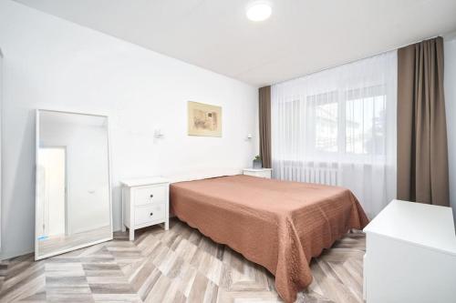 a bedroom with a bed and a dresser and a mirror at Apartment in Trakai by the lake! in Trakai